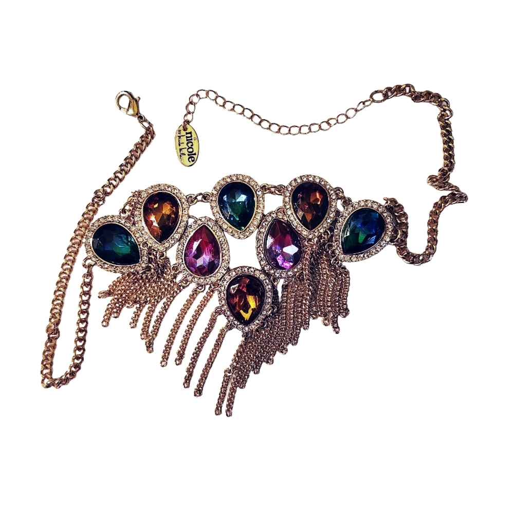 Stunning Nicole Miller Anivversary Multicolor Teardrop Crystsl Frindge Necklace